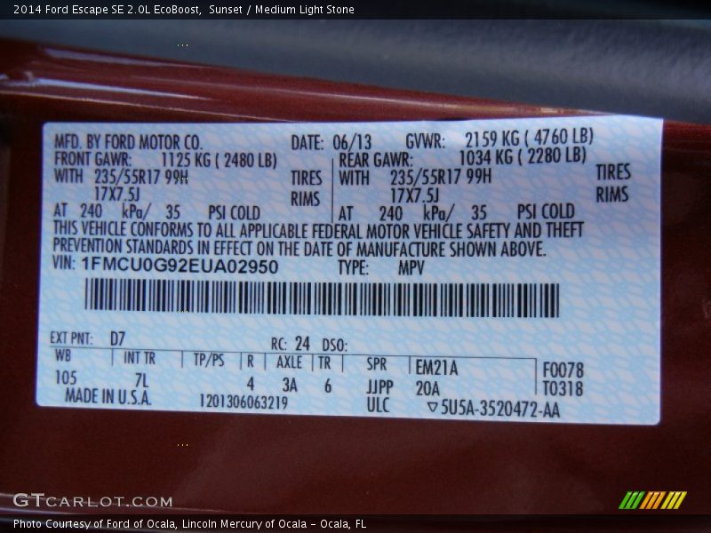 2014 Escape SE 2.0L EcoBoost Sunset Color Code D7