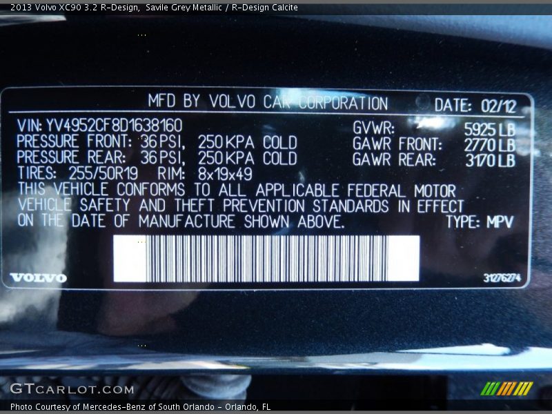 Savile Grey Metallic / R-Design Calcite 2013 Volvo XC90 3.2 R-Design