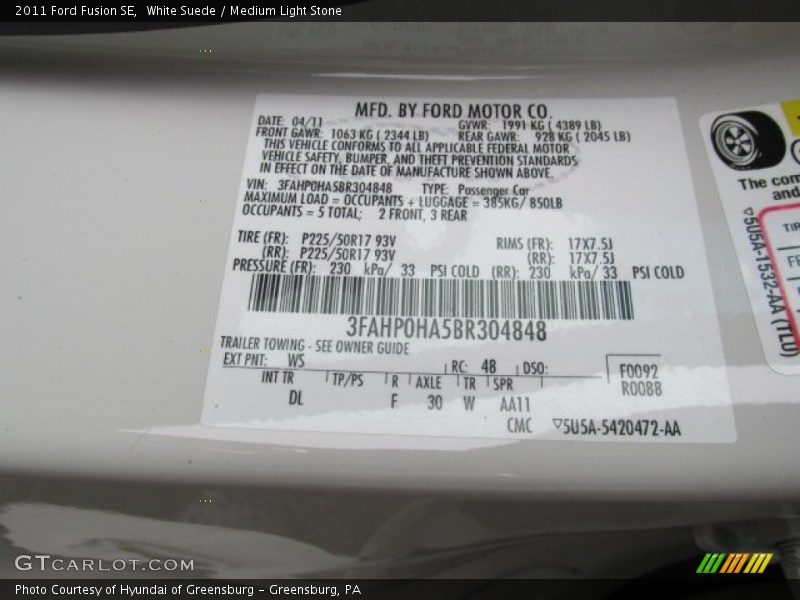 White Suede / Medium Light Stone 2011 Ford Fusion SE