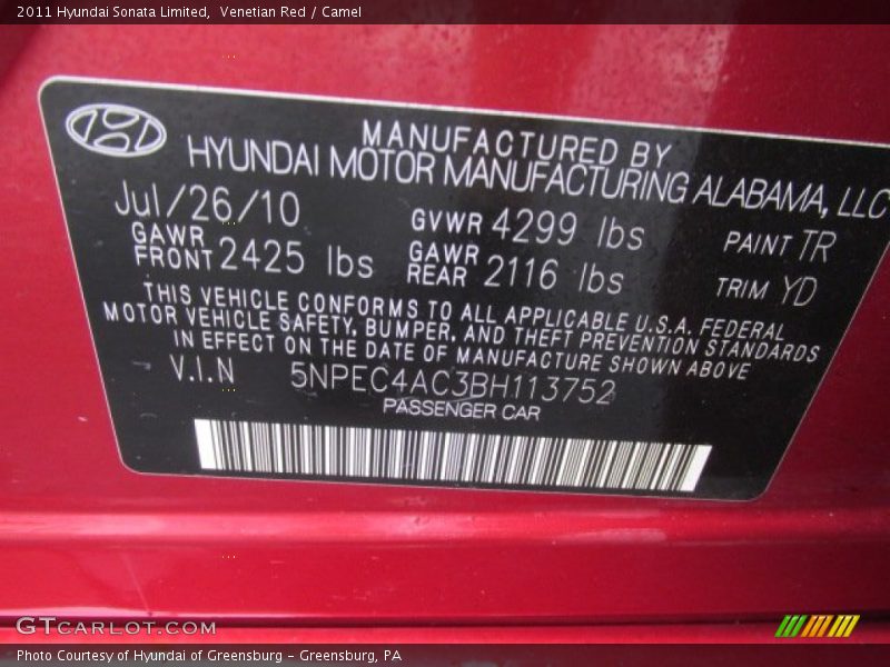 Venetian Red / Camel 2011 Hyundai Sonata Limited