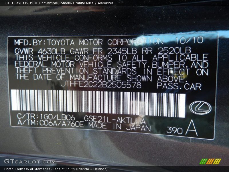 Smoky Granite Mica / Alabaster 2011 Lexus IS 350C Convertible