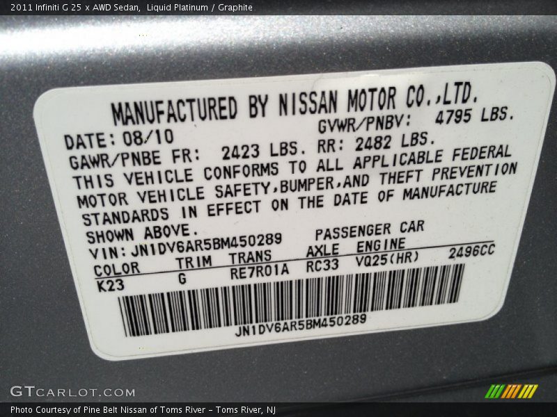 Liquid Platinum / Graphite 2011 Infiniti G 25 x AWD Sedan