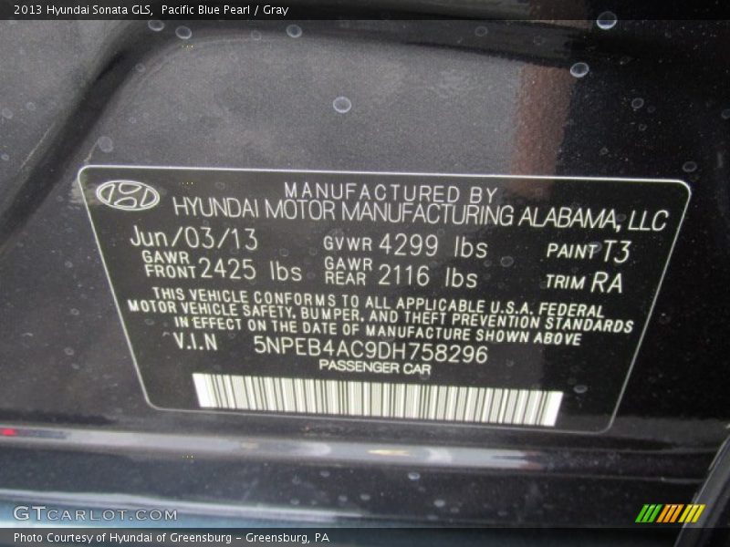 Pacific Blue Pearl / Gray 2013 Hyundai Sonata GLS