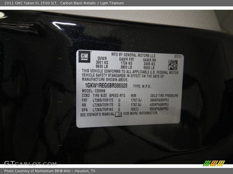 Info Tag of 2011 Yukon XL 2500 SLT