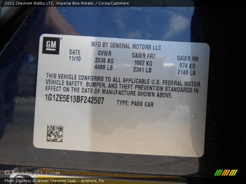 Imperial Blue Metallic / Cocoa/Cashmere 2011 Chevrolet Malibu LTZ
