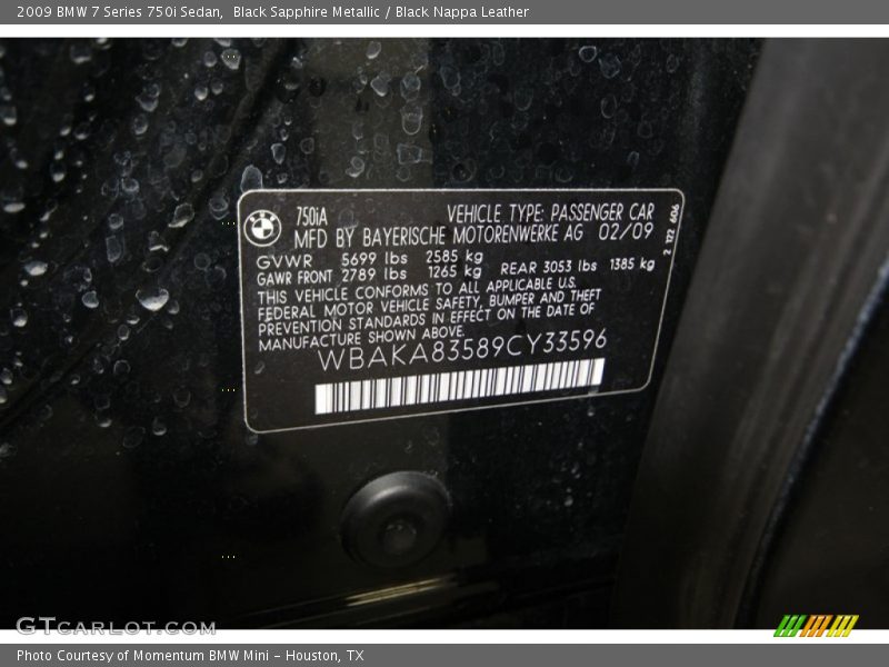 Black Sapphire Metallic / Black Nappa Leather 2009 BMW 7 Series 750i Sedan