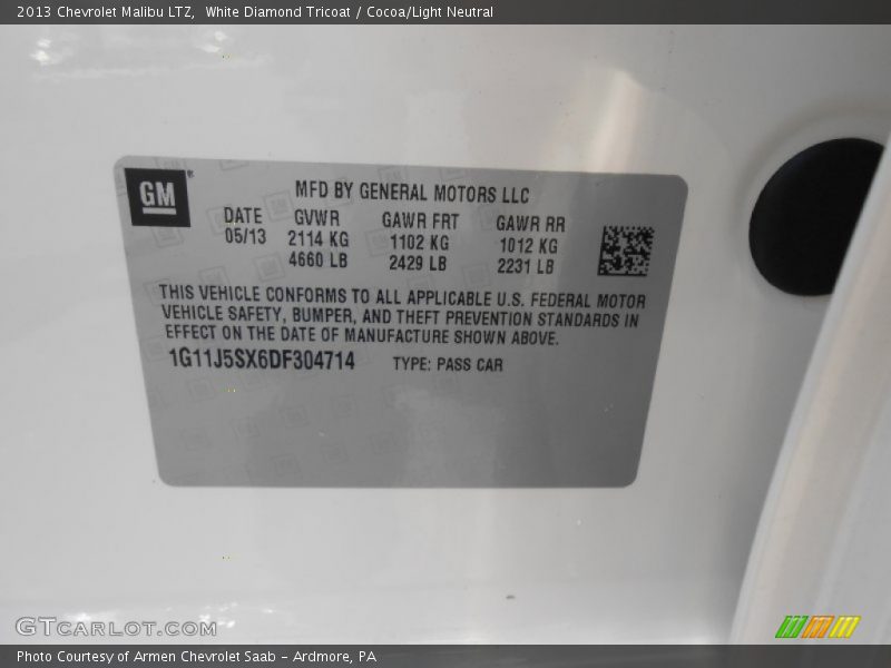 White Diamond Tricoat / Cocoa/Light Neutral 2013 Chevrolet Malibu LTZ