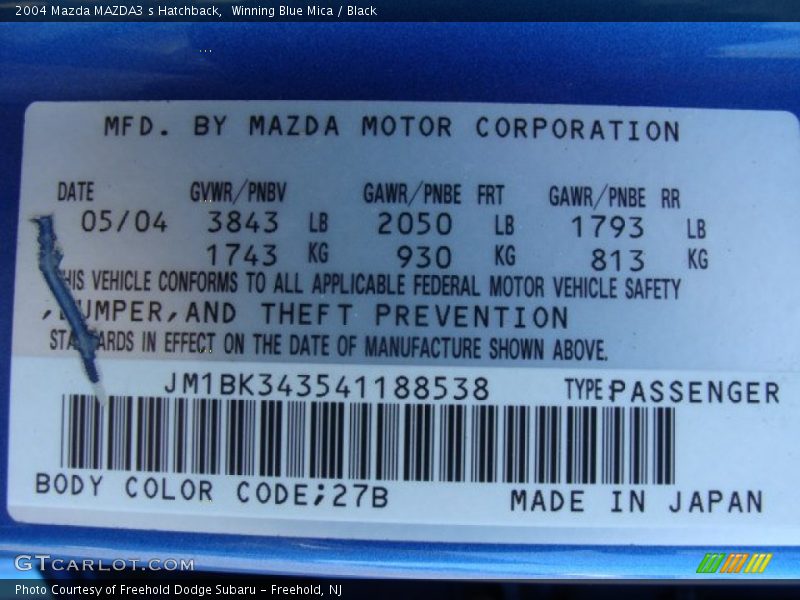 2004 MAZDA3 s Hatchback Winning Blue Mica Color Code 27B