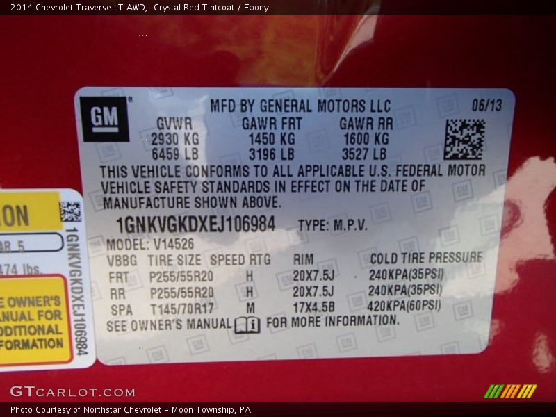 Info Tag of 2014 Traverse LT AWD