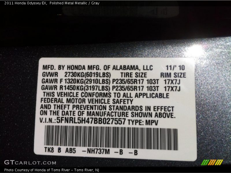 Polished Metal Metallic / Gray 2011 Honda Odyssey EX