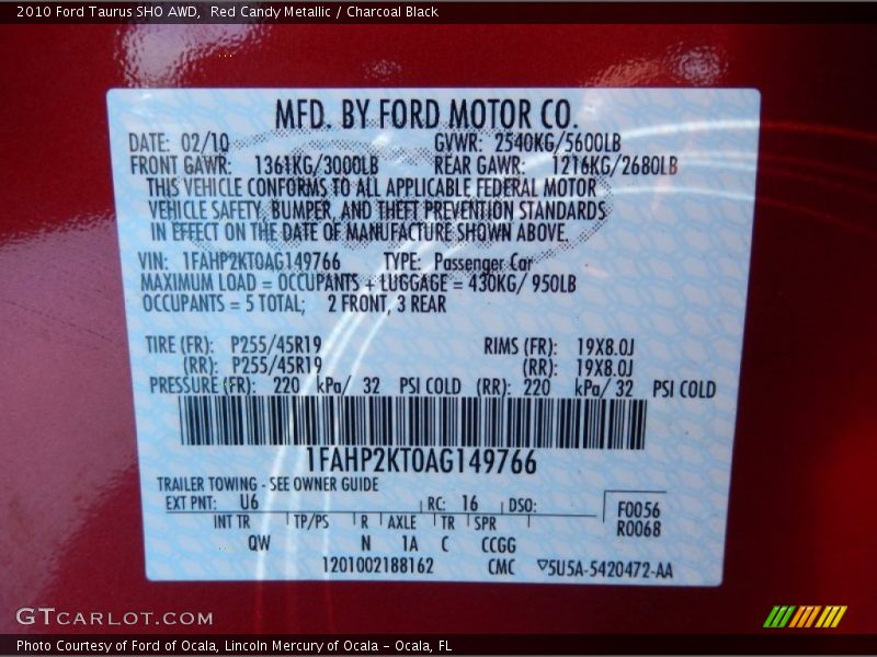 2010 Taurus SHO AWD Red Candy Metallic Color Code U6