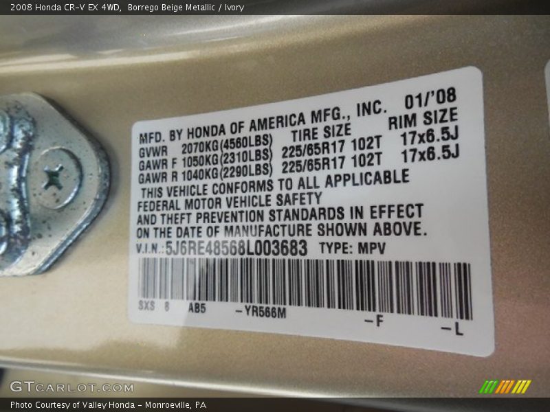 2008 CR-V EX 4WD Borrego Beige Metallic Color Code YR566M