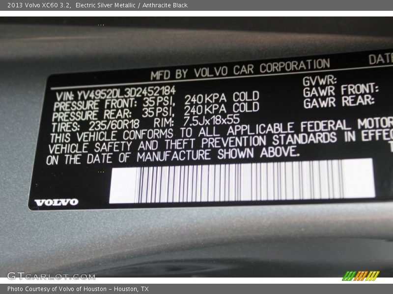 Info Tag of 2013 XC60 3.2