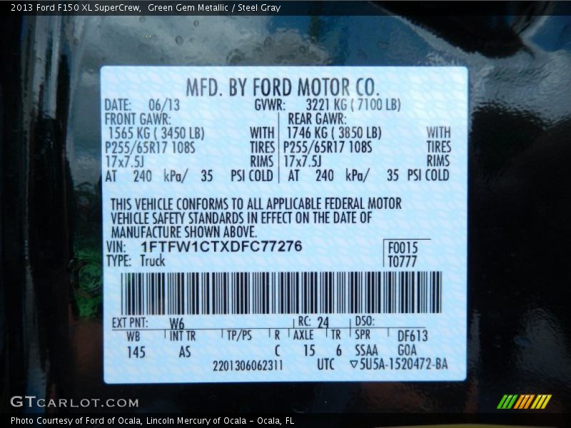 Green Gem Metallic / Steel Gray 2013 Ford F150 XL SuperCrew