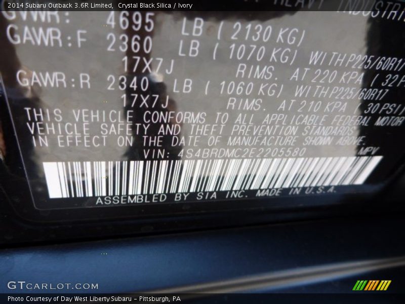 Crystal Black Silica / Ivory 2014 Subaru Outback 3.6R Limited