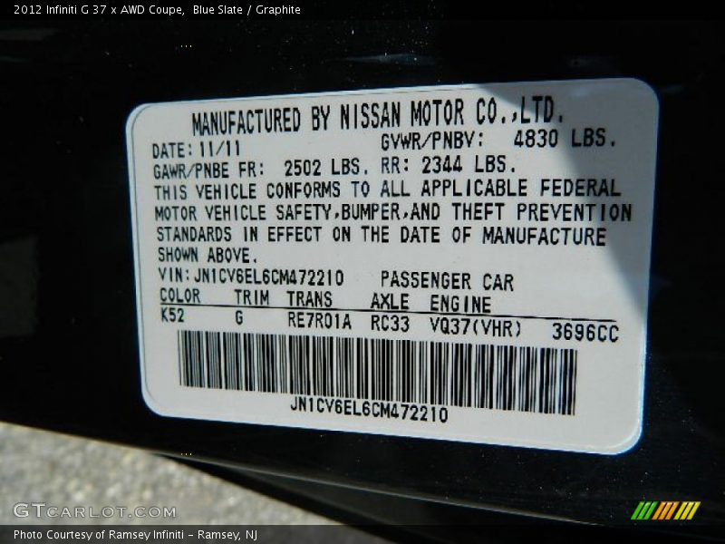 2012 G 37 x AWD Coupe Blue Slate Color Code K52