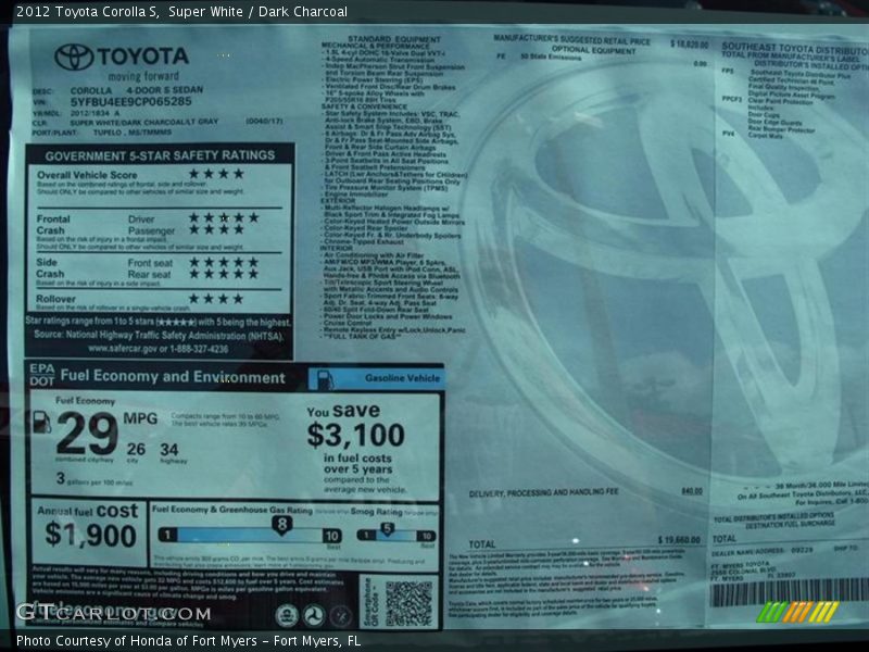 Super White / Dark Charcoal 2012 Toyota Corolla S