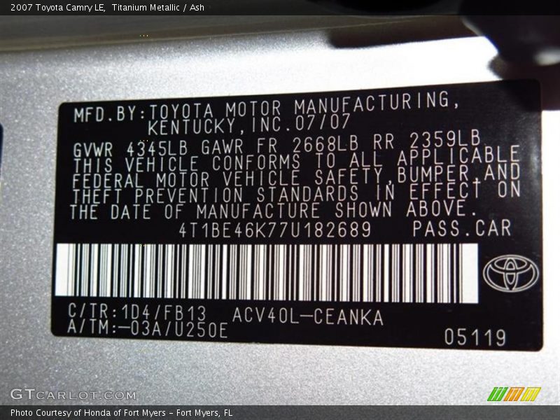 Titanium Metallic / Ash 2007 Toyota Camry LE
