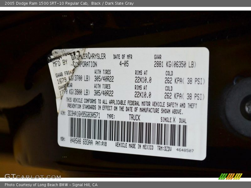 2005 Ram 1500 SRT-10 Regular Cab Black Color Code PX8