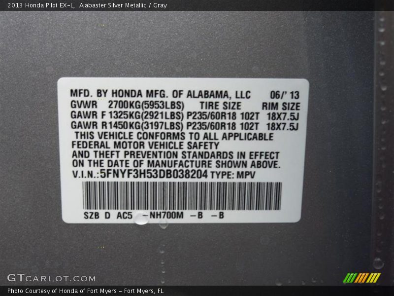 Alabaster Silver Metallic / Gray 2013 Honda Pilot EX-L