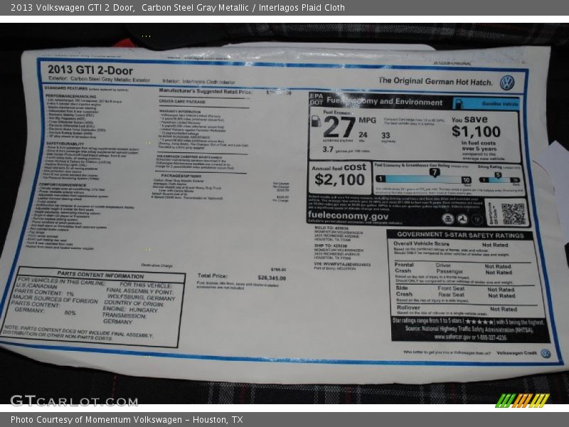 Carbon Steel Gray Metallic / Interlagos Plaid Cloth 2013 Volkswagen GTI 2 Door