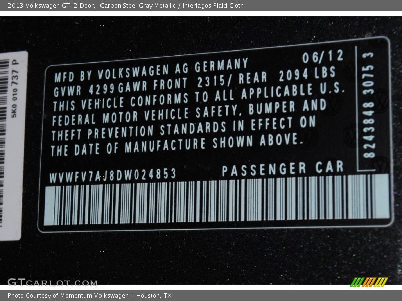 Carbon Steel Gray Metallic / Interlagos Plaid Cloth 2013 Volkswagen GTI 2 Door