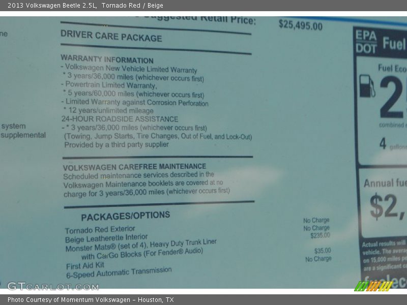 Tornado Red / Beige 2013 Volkswagen Beetle 2.5L