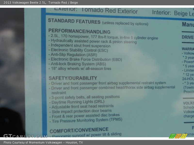 Tornado Red / Beige 2013 Volkswagen Beetle 2.5L