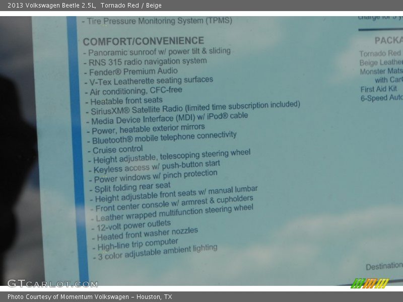 Tornado Red / Beige 2013 Volkswagen Beetle 2.5L