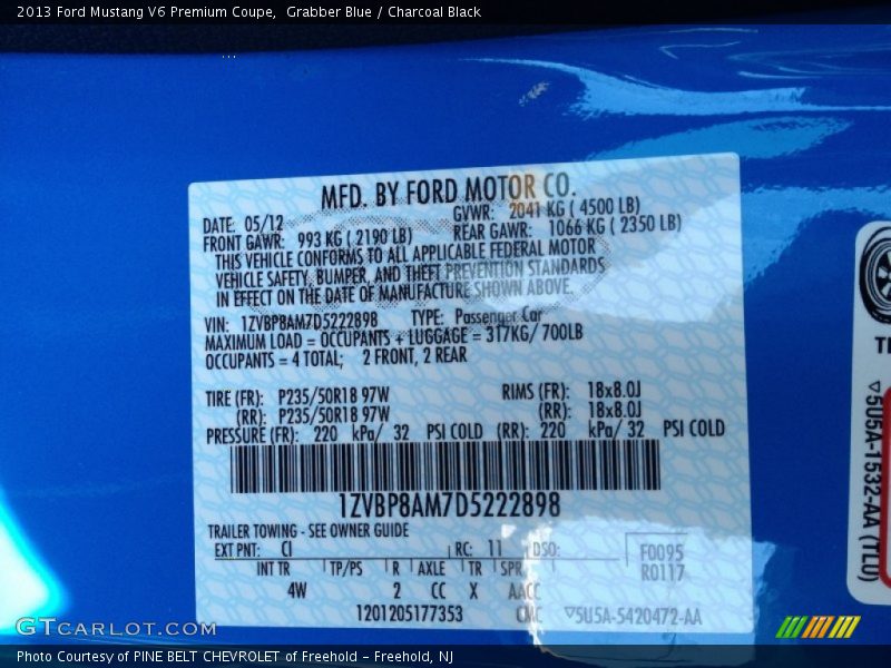 Grabber Blue / Charcoal Black 2013 Ford Mustang V6 Premium Coupe