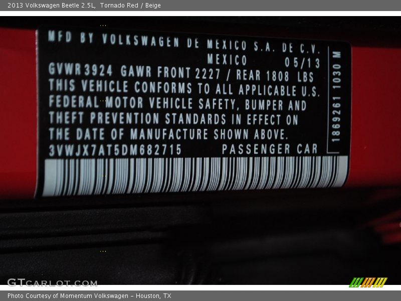 Tornado Red / Beige 2013 Volkswagen Beetle 2.5L
