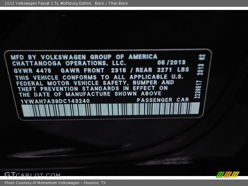Black / Titan Black 2013 Volkswagen Passat 2.5L Wolfsburg Edition