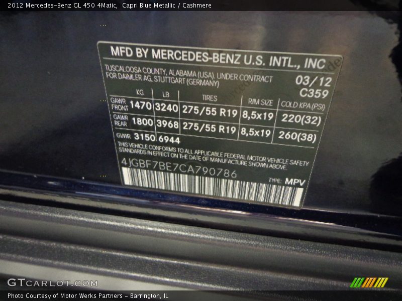 2012 GL 450 4Matic Capri Blue Metallic Color Code 359