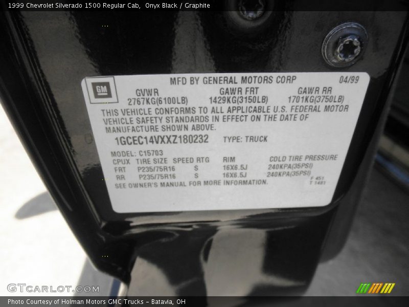 Info Tag of 1999 Silverado 1500 Regular Cab