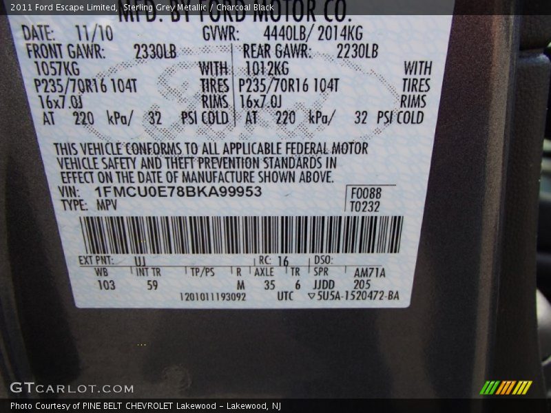 Sterling Grey Metallic / Charcoal Black 2011 Ford Escape Limited