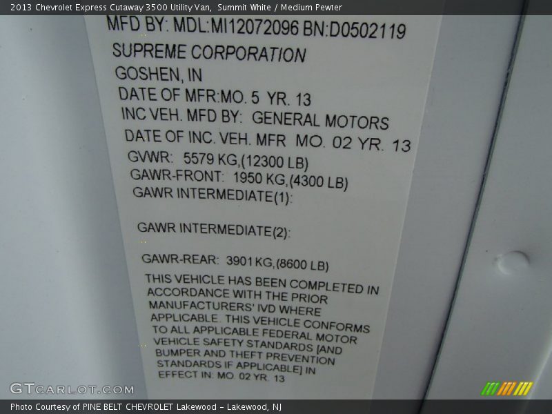 Info Tag of 2013 Express Cutaway 3500 Utility Van