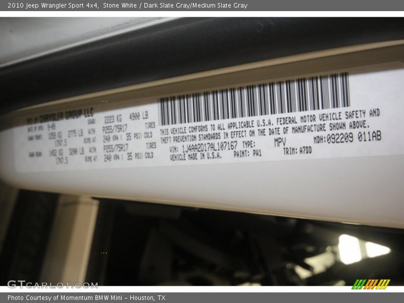 Stone White / Dark Slate Gray/Medium Slate Gray 2010 Jeep Wrangler Sport 4x4