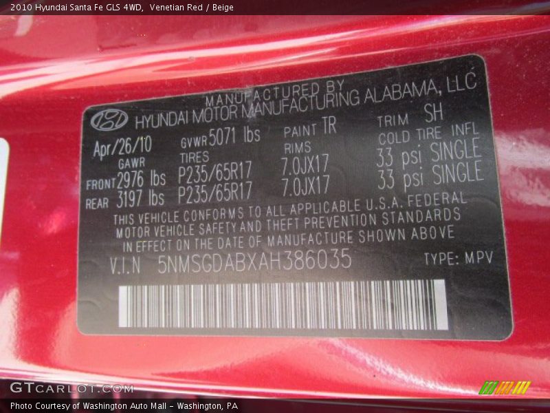2010 Santa Fe GLS 4WD Venetian Red Color Code TR