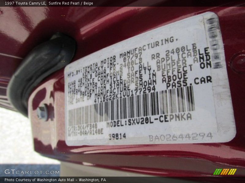 Sunfire Red Pearl / Beige 1997 Toyota Camry LE
