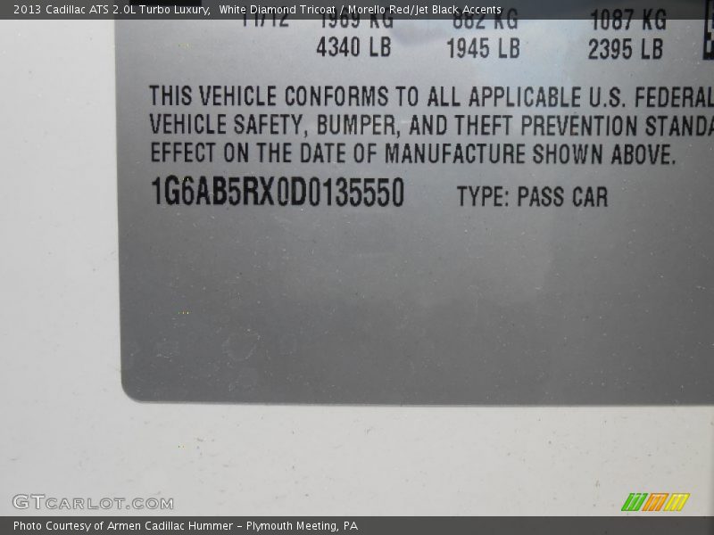 White Diamond Tricoat / Morello Red/Jet Black Accents 2013 Cadillac ATS 2.0L Turbo Luxury