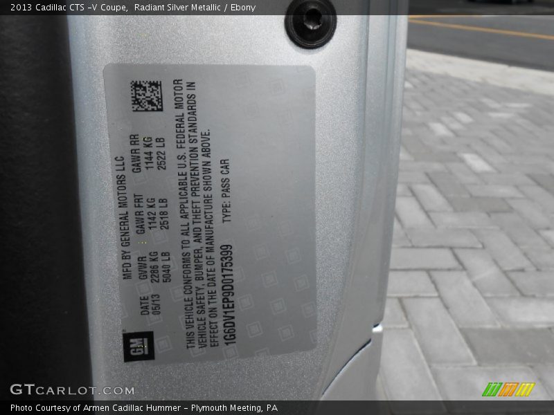 Radiant Silver Metallic / Ebony 2013 Cadillac CTS -V Coupe