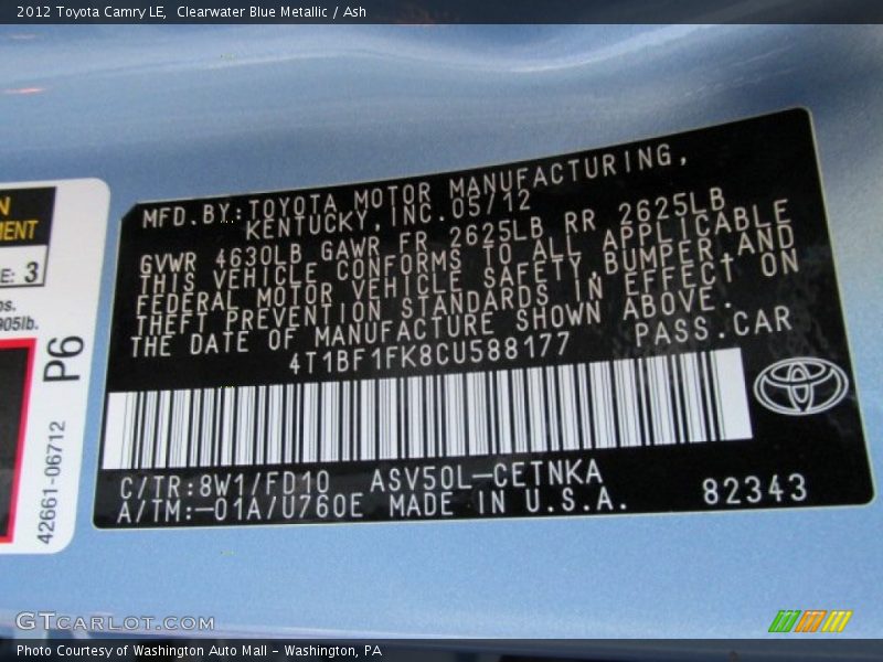 Clearwater Blue Metallic / Ash 2012 Toyota Camry LE