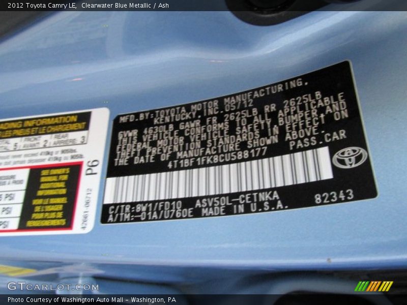 Clearwater Blue Metallic / Ash 2012 Toyota Camry LE