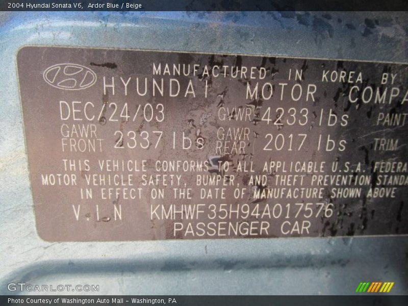 Ardor Blue / Beige 2004 Hyundai Sonata V6