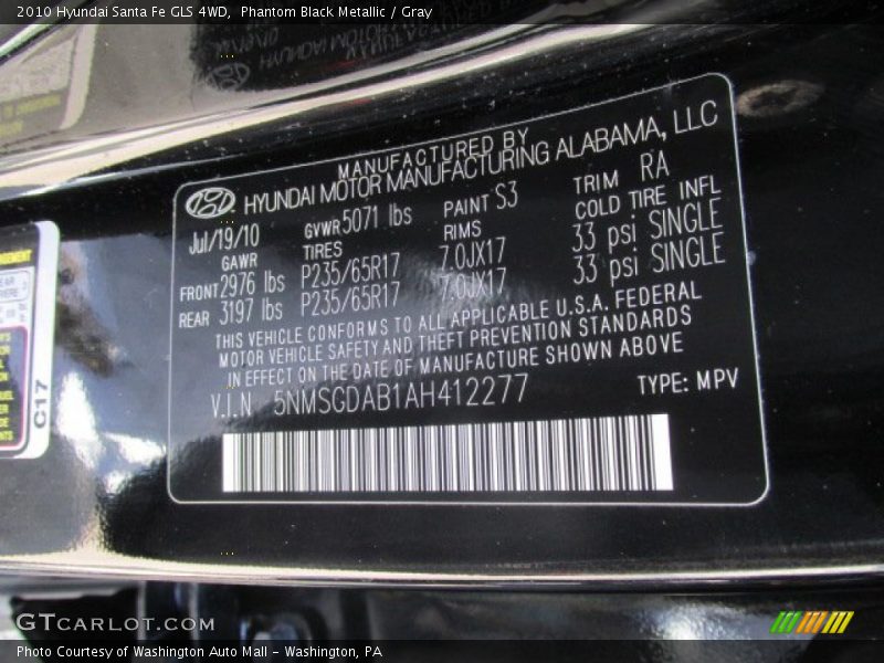 Phantom Black Metallic / Gray 2010 Hyundai Santa Fe GLS 4WD