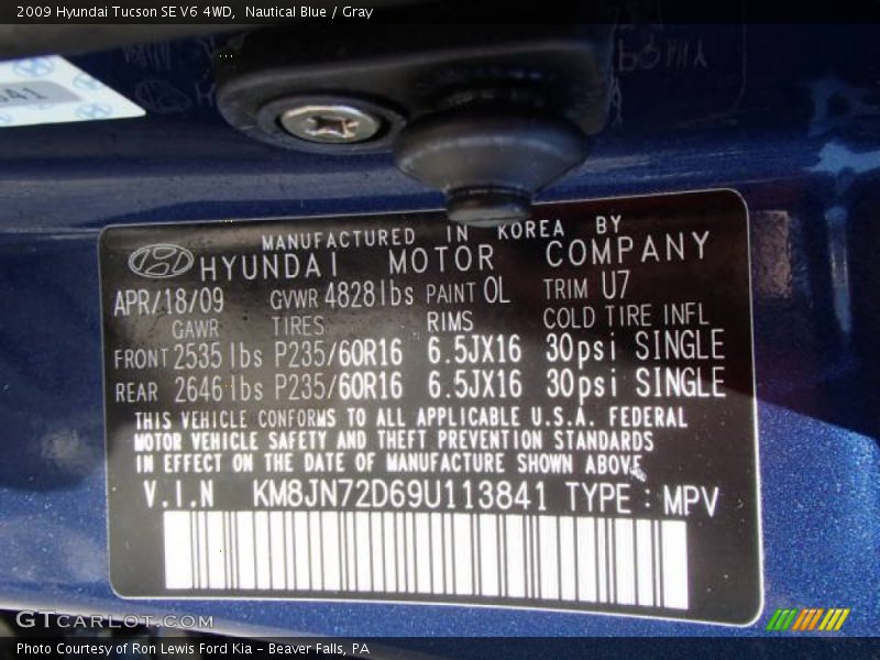 Nautical Blue / Gray 2009 Hyundai Tucson SE V6 4WD