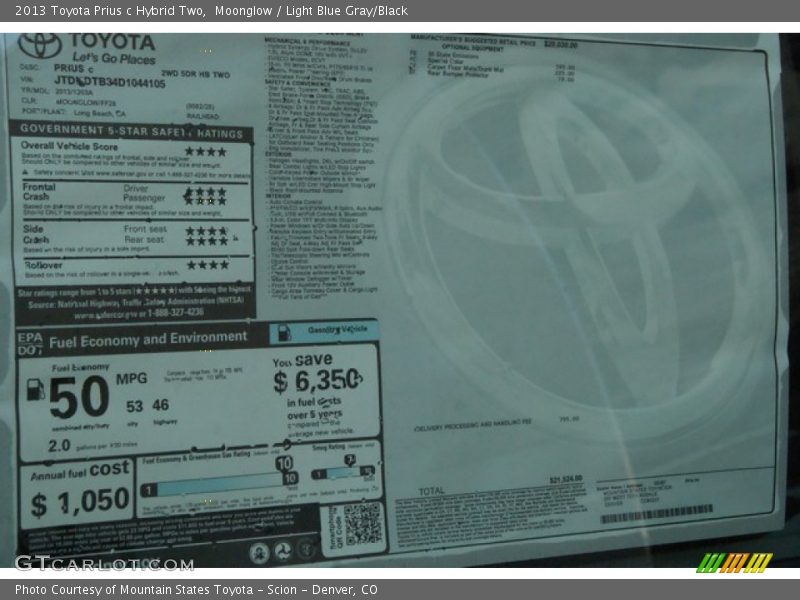Moonglow / Light Blue Gray/Black 2013 Toyota Prius c Hybrid Two