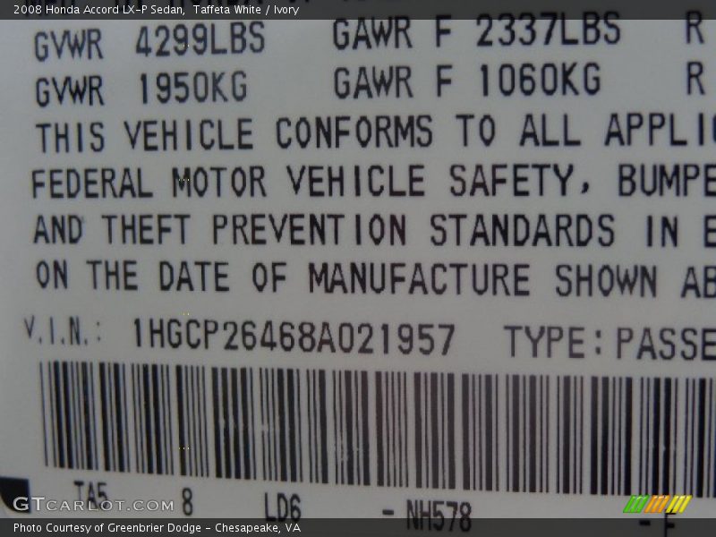 Taffeta White / Ivory 2008 Honda Accord LX-P Sedan