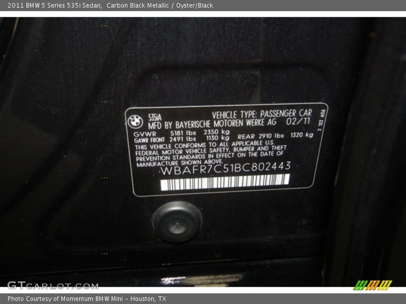 Carbon Black Metallic / Oyster/Black 2011 BMW 5 Series 535i Sedan