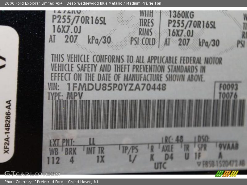 2000 Explorer Limited 4x4 Deep Wedgewood Blue Metallic Color Code LL